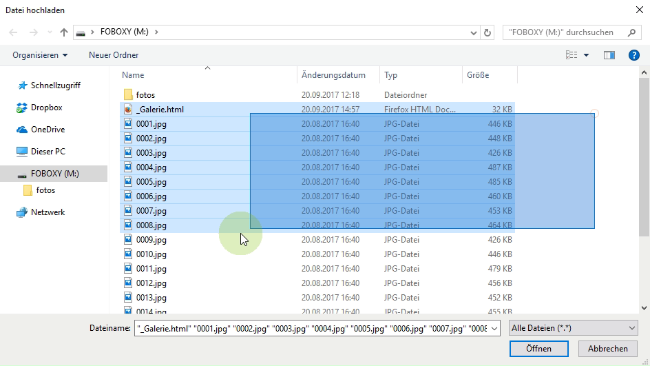 Alle Dateien auf dem USB-Stick mit einem Kasten auswählen