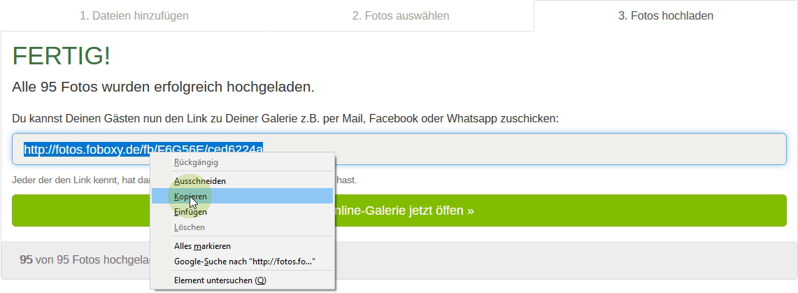 Teile Deinen Galerie-Link mit Deinen Gästen