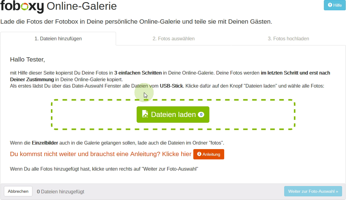 Darstellung des Fotobox Galerie Uploaders